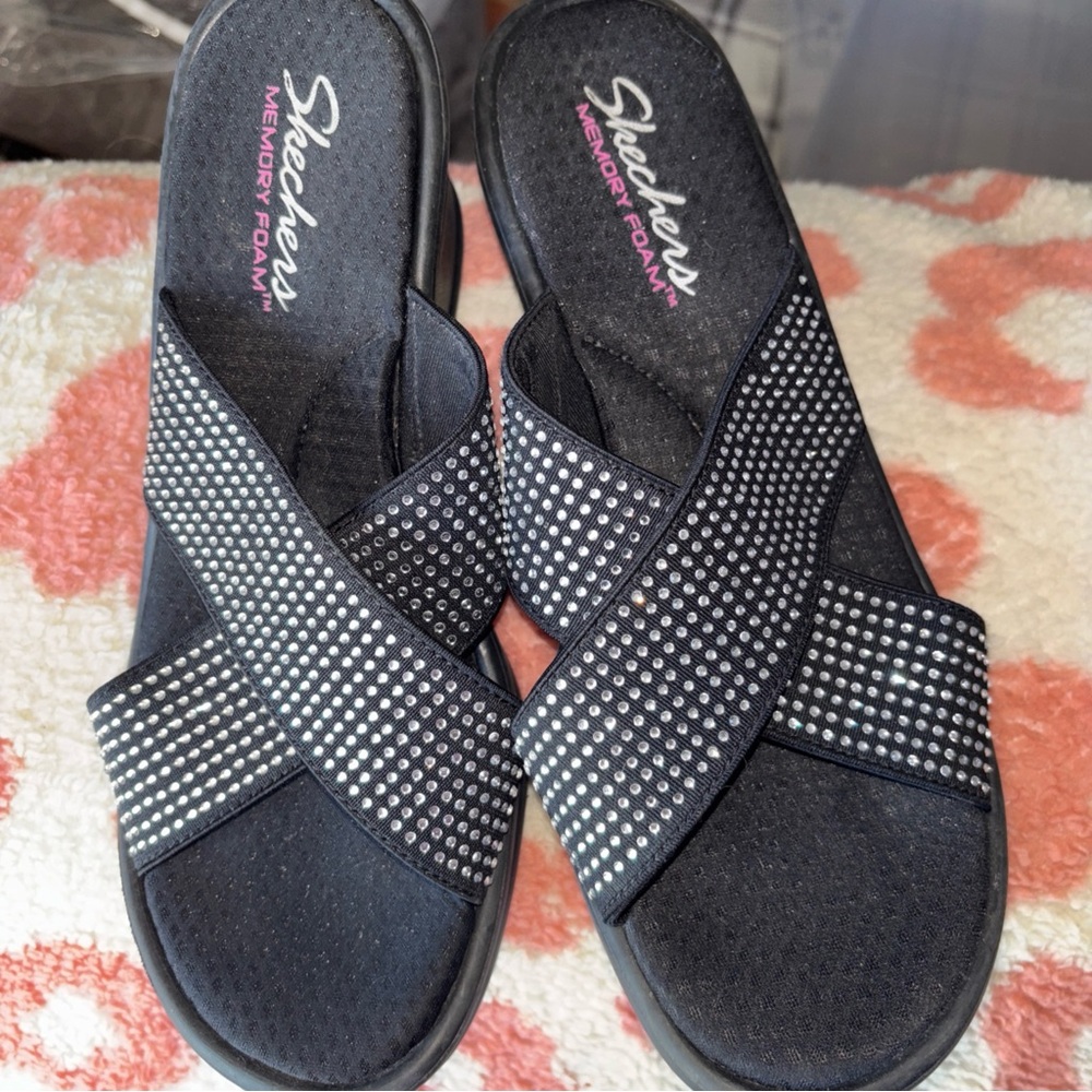 Skechers Black Sandals with Rhinestone Accents